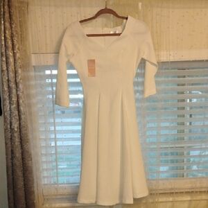 Anna N. Rose Wedding Day Elegant White Lined Midi 3/4 Sleeve Dress, Size: S, NWT